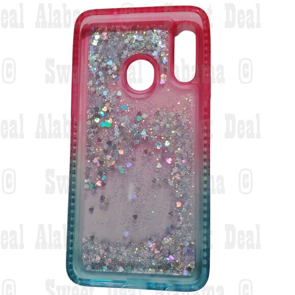 Cellphone Case For Samsung Galaxy A20s, Pink/Aqua w/ Glitter/Hearts Quicksand - Picture 5 of 6